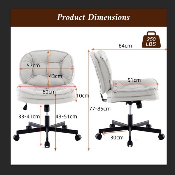 Armless-Office Desk Chair with Wheels: PU Leather Cross Legged Wide Chair,Comfortable Adjustable Swivel Computer Task Chairs for Home,Office,Make Up,Small Space,Bed Room