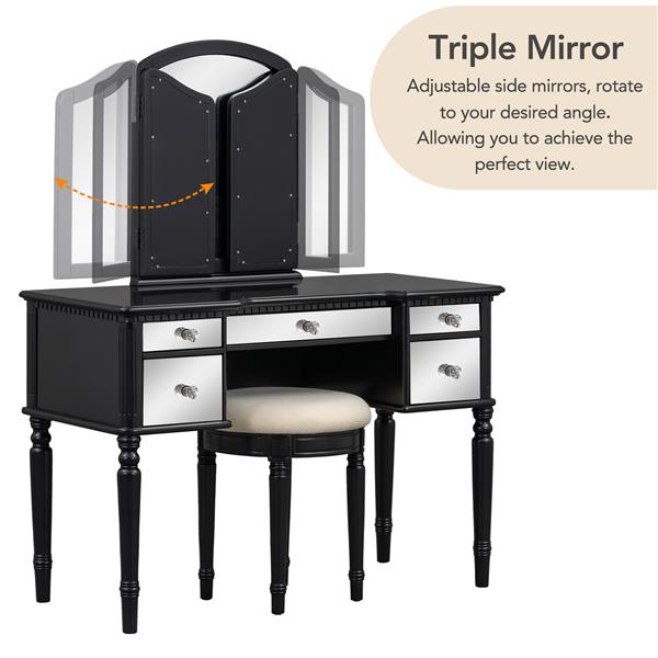 43" Dressing Table Set with Mirrored Drawers and Stool, Tri-fold Mirror, Makeup Vanity Set for Bedroom, Black