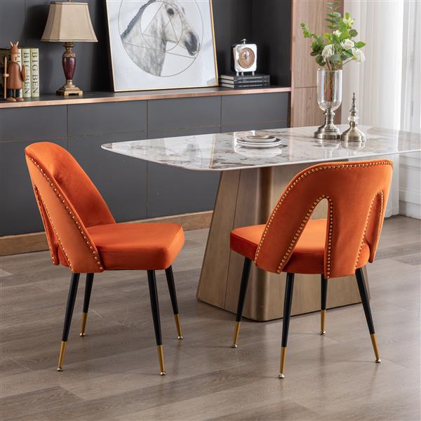 Furniture, Collection Modern | Contemporary Velvet Upholstered Dining Chair with Nailheads and ld Tipped Black Metal Legs, Orange，Set of 2