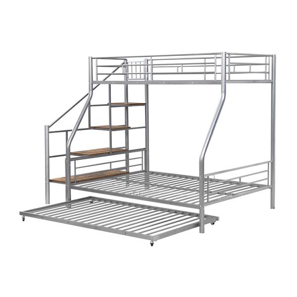 Twin over Full Size Metal Bunk Bed with Trundle and Storage Staircase, Silver