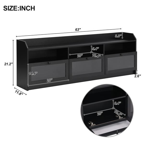 Sleek & Modern Design TV Stand with Acrylic Board Door, Chic Elegant Media Console for TVs Up to 65", Ample Storage Space TV Cabinet with Black Handles, Black