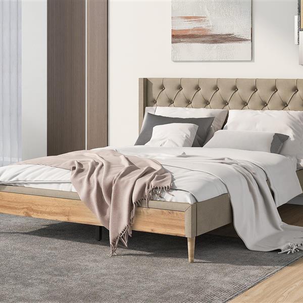 Upholstered Platform Bed with Rubber Wood Legs,No Box Spring Needed, Linen Fabric,Queen Size-Beige