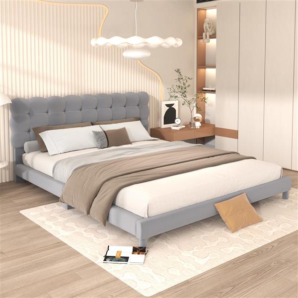 Queen Size Upholstered Platform Bed with Soft Headboard,Gray