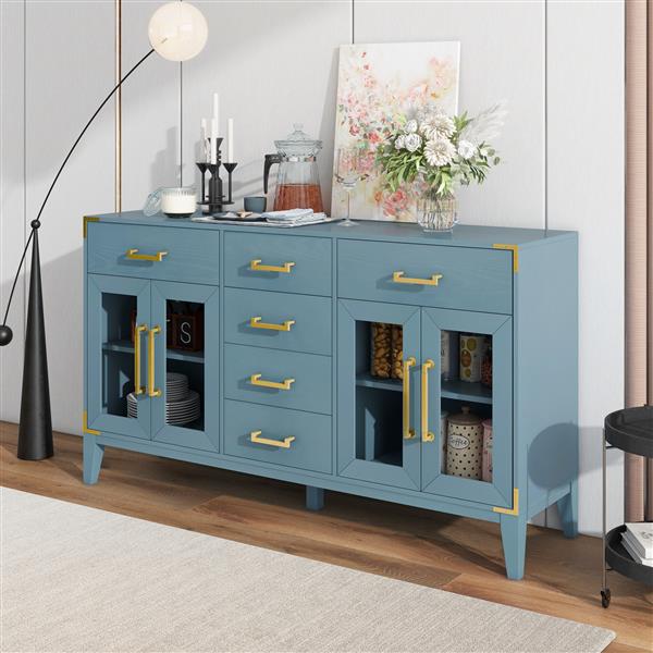 6-drawer and 2-Cabinet Retro Sideboard with Extra Large Storage Space, with ld Handles and Solid Wood Legs, for Kitchen and Living Room (Antique Blue)