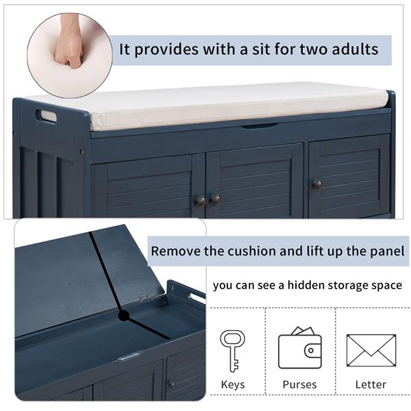 Storage Bench with 3 Shutter-shaped Doors, Shoe Bench with Removable Cushion and Hidden Storage Space (Antique Navy)