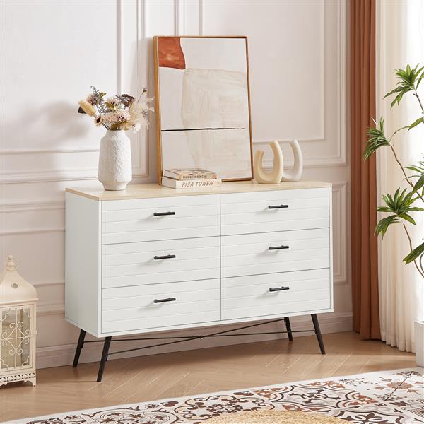 6 Drawer Dresser for Bedroom with Deep Drawers, Wood Dressers & Chest of Drawers, Modern White Long Dressers for Closet Living Room, 47.2"W x 15.7"D x 31.5"H, White & oak