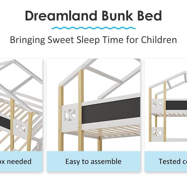 Twin over Twin House Bunk Bed with White Storage Staircase and Blackboards, White