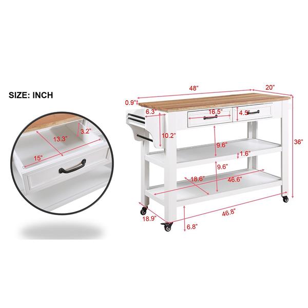 57 inch Rolling Kitchen Island with Storage,Kitchen Cart with Solid OAK Wood Top,Two-sided Kitchen island Cart on Wheels ,Wine and Spice Rack, Large Kitchen Cart with 2 Drawers, Milk White+Natural Top