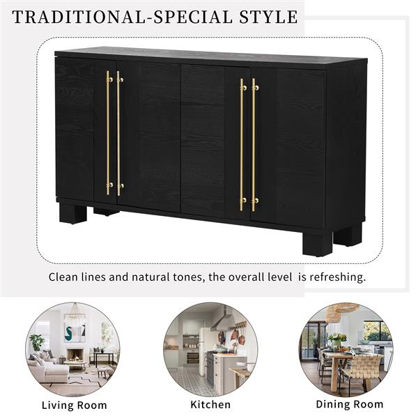 Wood Traditional Style Sideboard with Adjustable Shelves and Gold Handles for Kitchen, Dining Room and Living Room (Black)