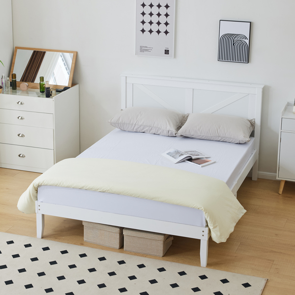 Full Size Solid Wood Platform Bed Frame with Headboard White