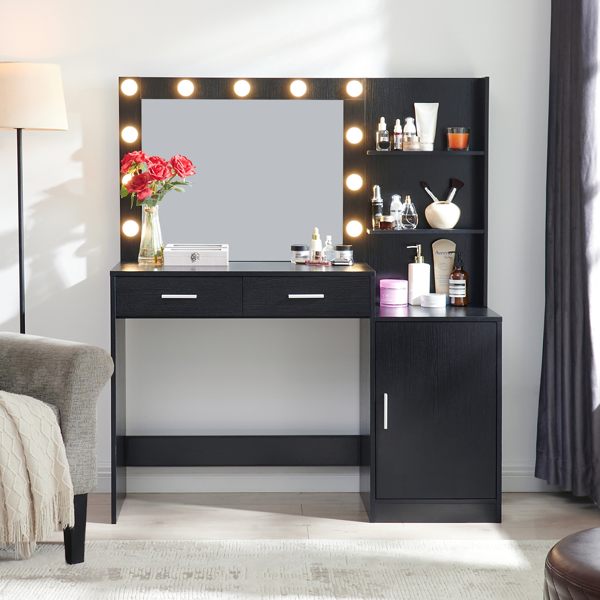 Vanity Desk with Mirror and Lights, 46.4IN Dressing Table with 2 Large Drawer&Large Vertical Organizer, 3 Level Dresser & 3 Lighting Modes Adjustable Brightness, Suitable for Bedroom(Black) 