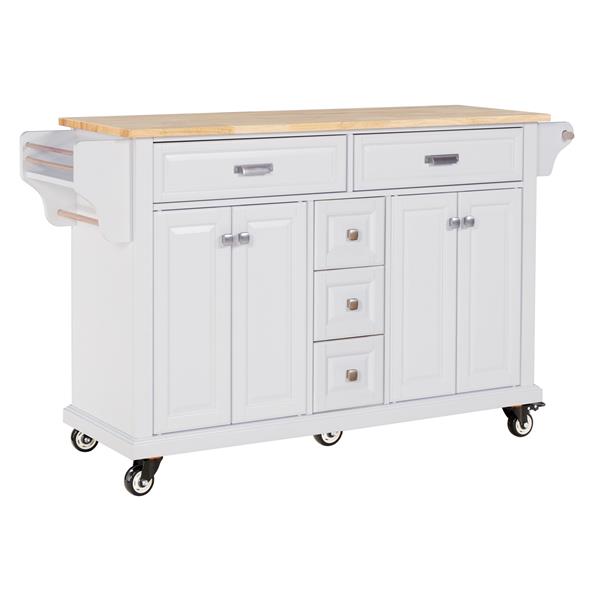 Kitchen Island with Rubber wood Countertop, Kitchen Cart on 5 Wheels with Storage Cabinet and 5 Drawers for Dinning Room, White