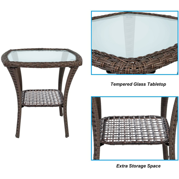 Outdoor Side Table, Indoor Outdoor Glass Top Wicker Coffee Bistro Table, All-Weather Patio Square Storage End Table, Steel Frame, 20''x 20''x20'' 