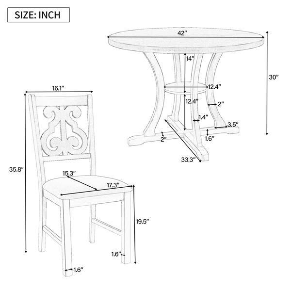 5-Piece Round Dining Table and 4 Fabric Chairs with Special-shaped Table Legs and Storage Shelf (Antique Blue/ Dark Brown)