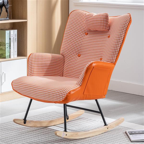 35.5 inch Rocking Chair, Soft Houndstooth Fabric Leather Fabric Rocking Chair for Nursery, Comfy Wingback Glider Rocker with Safe Solid Wood Base for Living Room Bedroom Balcony (orange)