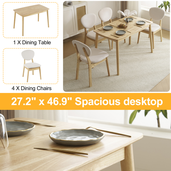 Disassembly rubber wood soft package wood color dining table and chair set 1 table 4 chair beige cushion rectangular