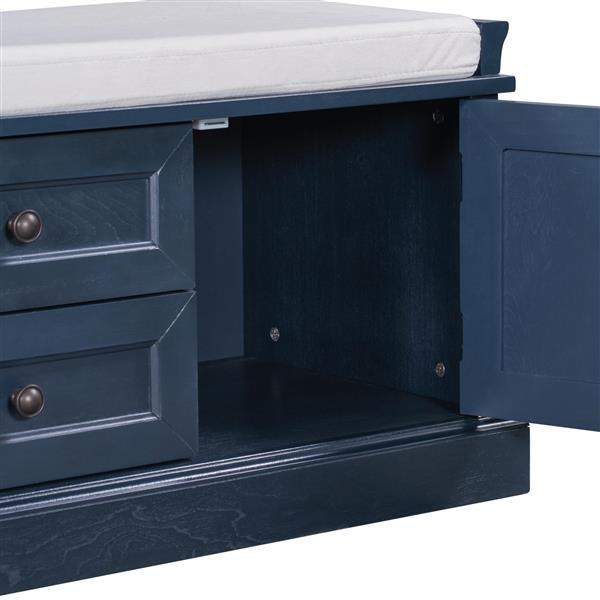 Storage Bench with 2 Drawers and 2 Cabinets, Shoe Bench with Removable Cushion for Living Room, Entryway (Antique Navy)