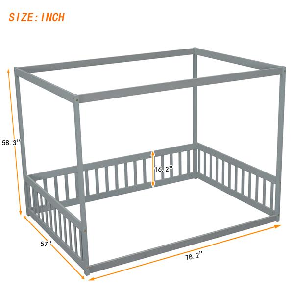 Full Size Canopy Frame Floor Bed with Fence, Guardrails,Grey