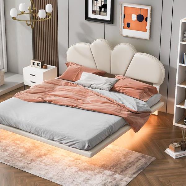 Full Size Upholstery LED Floating Bed with PU Leather Headboard and Support Legs,Beige