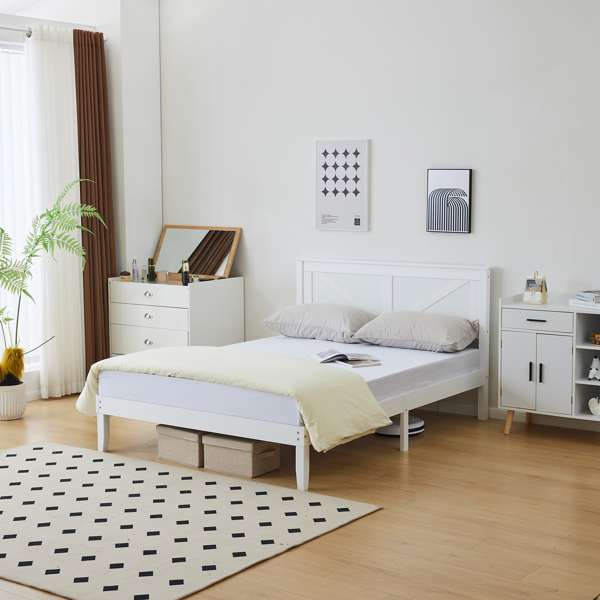 Queen Size Solid Wood Platform Bed Frame with Headboard White