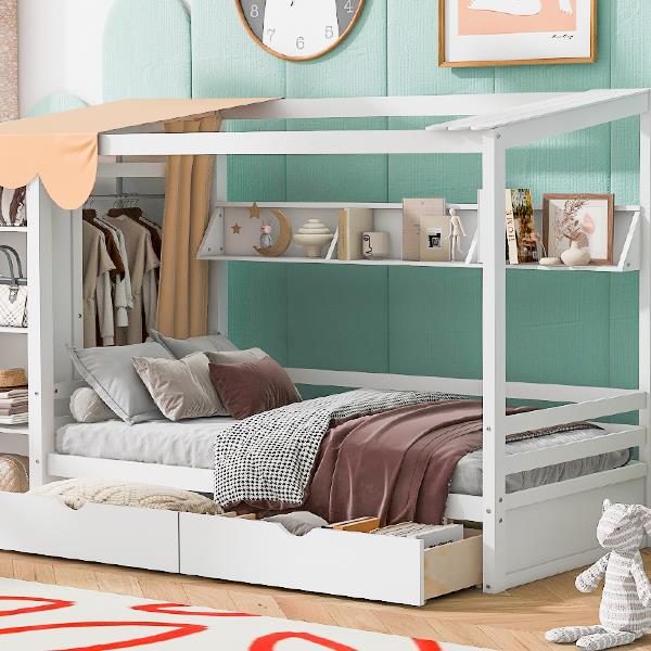 Twin size House Bed with Two Drawers and Wardrobe,White