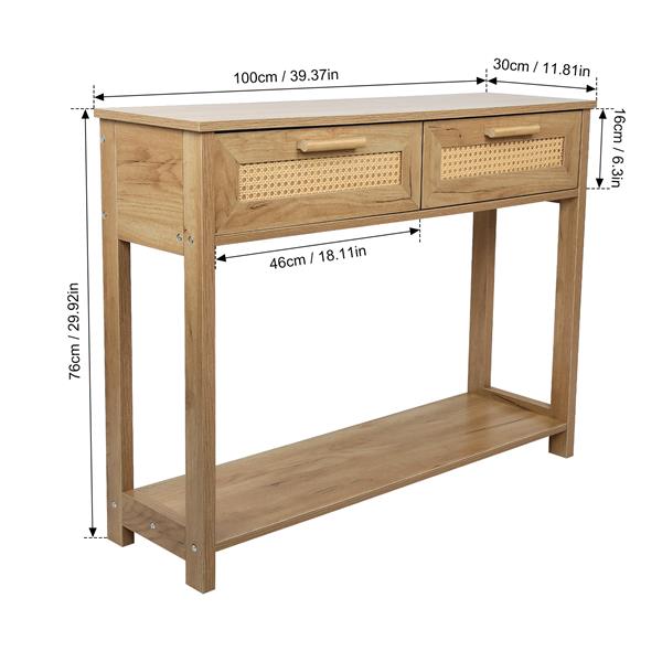 Console Table with 2 Drawers,  Sofa Table, Entryway Table with open  Storage Shelf, Narrow Table with rattan design for Living Room/Entryway/Hallway,  Natural Color