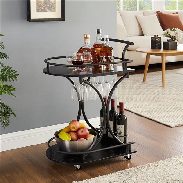 Black 2-Tier Bar Cart, Slide Bar Serving Cart, Retro Style Wine Cart for Kitchen, Beverage Cart with Wine Rack and Glass Holder, Rolling Drink Trolley for Living Room, Dining Room