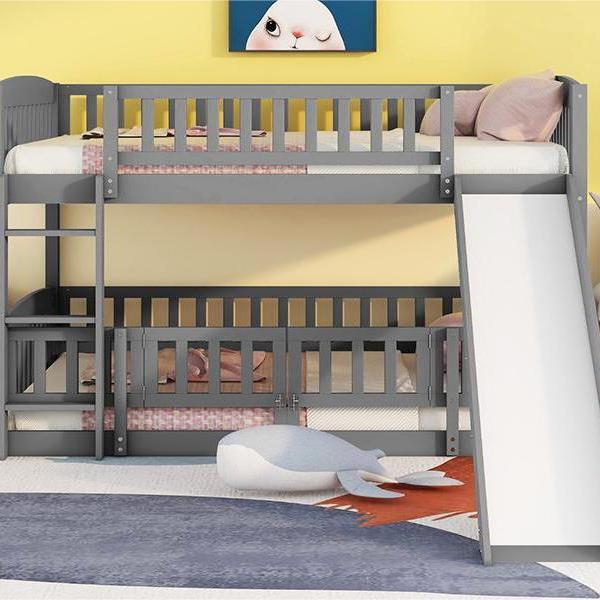 Bunk Bed with Slide,Full Over Full Low Bunk Bed with Fence and Ladder for Toddler Kids Teens Gray