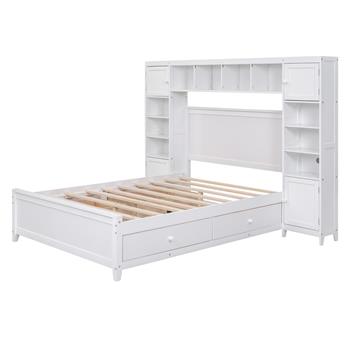 Full Size Wooden Bed With All-in-One Cabinet and Shelf, White