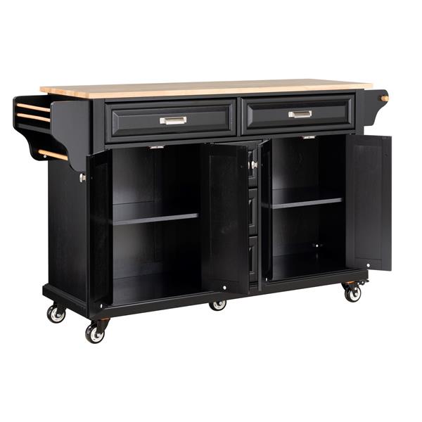 Kitchen Island with Rubber wood Countertop, Kitchen Cart on 5 Wheels with Storage Cabinet and 5 Drawers for Dinning Room, Black