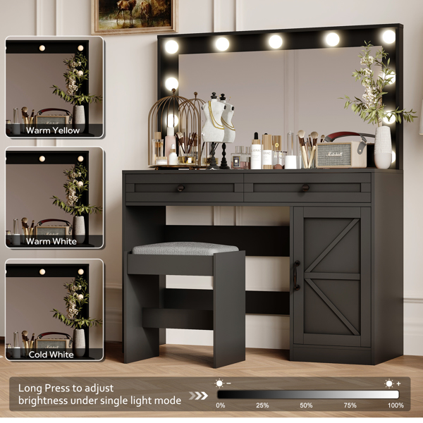 43.4"Makeup Vanity Table, Makeup Table with Large Mirror and 11 LED Light , Brightness Adjustable, Dressing Table Desk with 3 Drawers, Vanity Desk for Women(Black with Stool) 