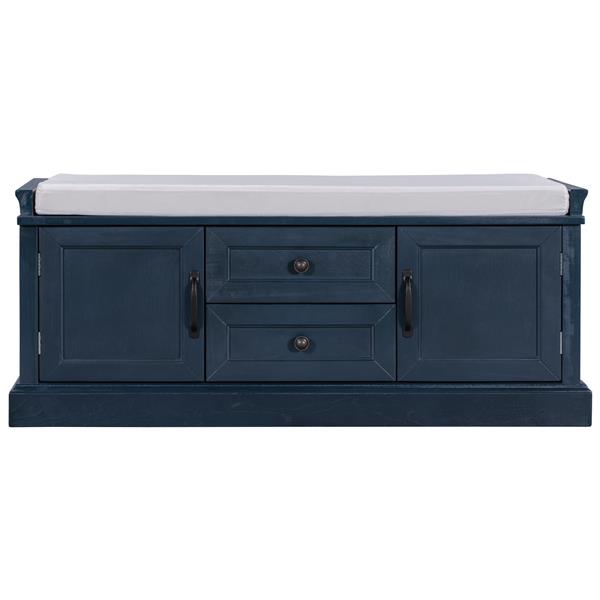 Storage Bench with 2 Drawers and 2 Cabinets, Shoe Bench with Removable Cushion for Living Room, Entryway (Antique Navy)