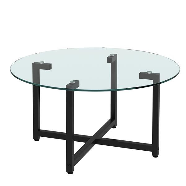 Round Transparent Glass+Black Leg  Coffee Table, Clear Coffee Table，Modern Side Center Tables for Living Room， Living Room Furniture