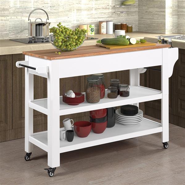 57 inch Rolling Kitchen Island with Storage,Kitchen Cart with Solid OAK Wood Top,Two-sided Kitchen island Cart on Wheels ,Wine and Spice Rack, Large Kitchen Cart with 2 Drawers, Milk White+Natural Top