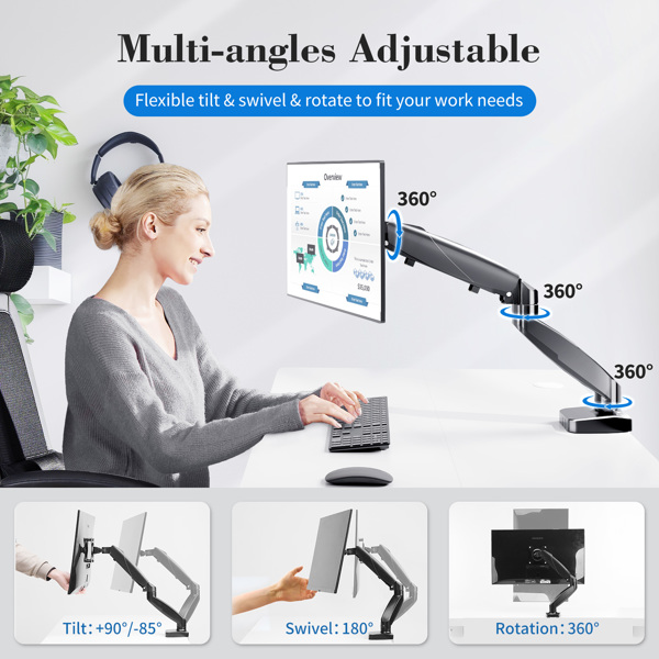 The monitor arm is adjustable for desktop mount and fits 15-27 inch monitors with weight capacities up to 15.4 pounds, black 