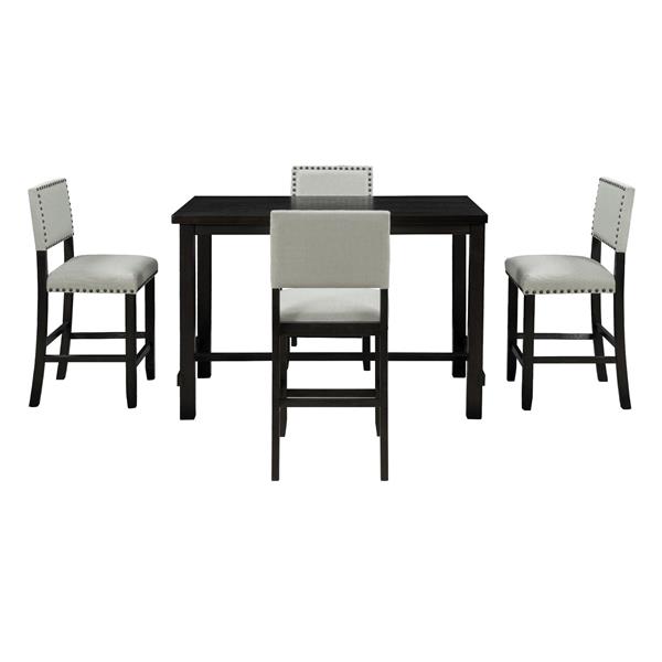 5-Piece Counter Height Dining Set, Classic Elegant Table and 4 Chairs in Espresso and Beige