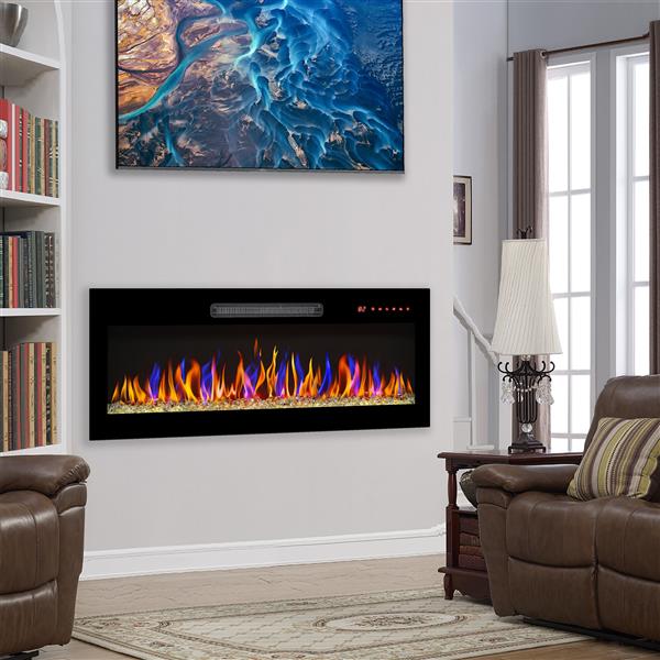 36 inch recessed ultra thin tempered glass front wall mounted electric fireplace with remote and multi color flame & emberbed, LED light heater