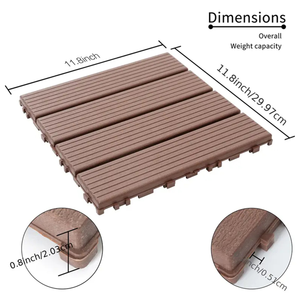 88pcs Straight stripe dark brown 11.8 "x 11.8" (30cmx30cm) interlocking deck plastic tiles four-way locking, non-slip waterproof indoor and outdoor, all-weather terrace tiles, Plastic tile floor