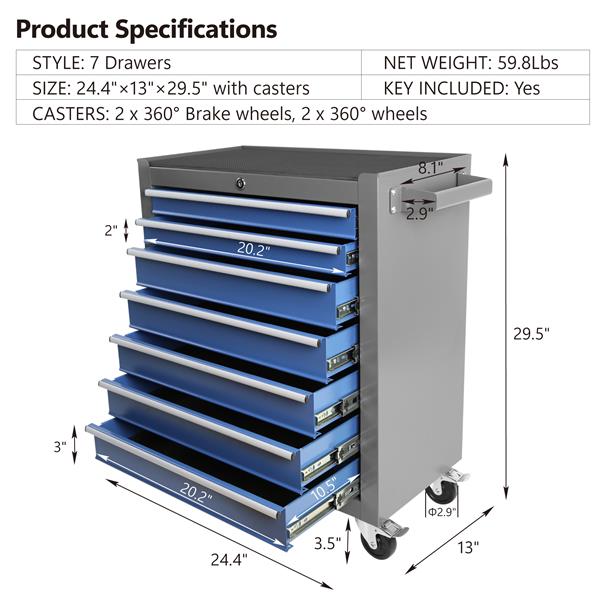 Rolling Tool Chest with 7-Drawer Tool Box with Wheels Multifunctional Tool Cart Mechanic Tool Storage Cabinet for Garage, Warehouse, Workshop, Repair Shop