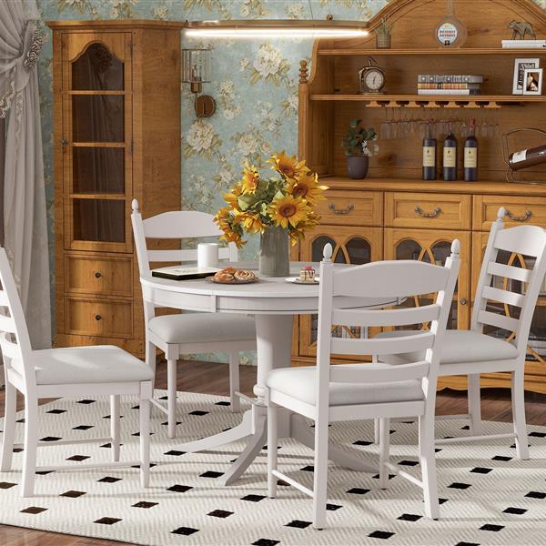 5-Piece Retro Functional Dining Table Set Wood Round Extendable Dining Table and 4 Upholstered Dining Chairs (Antique White)