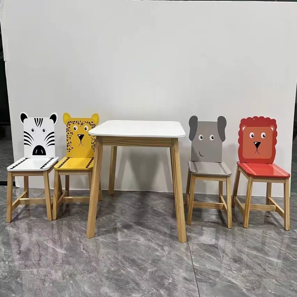 5 Piece Kiddy Table and Chair Set , Kids Wood Table with 4 Chairs Set Cartoon Animals (bigger table) (3-8 years old) 