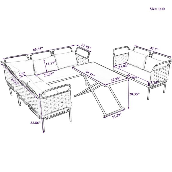 5-Piece Modern Patio Sectional Sofa Set Outdoor Woven Rope Furniture Set with Glass Table and Cushions, Black+Gray