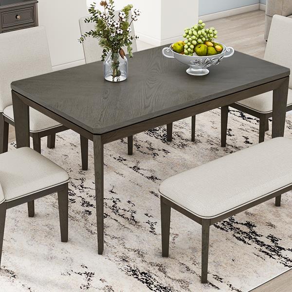 6-Piece Dining Table Set with Upholstered Dining Chairs and Bench,Farmhouse Style, Tapered Legs, Dark Gray+Beige