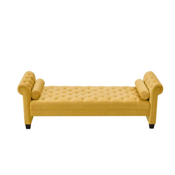 Yellow, Solid Wood Legs Velvet Rectangular Sofa Bench with Attached Cylindrical Pillows 