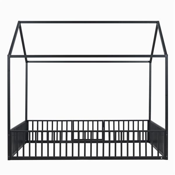 Full Size Metal House Bed with Fence and Door, Black