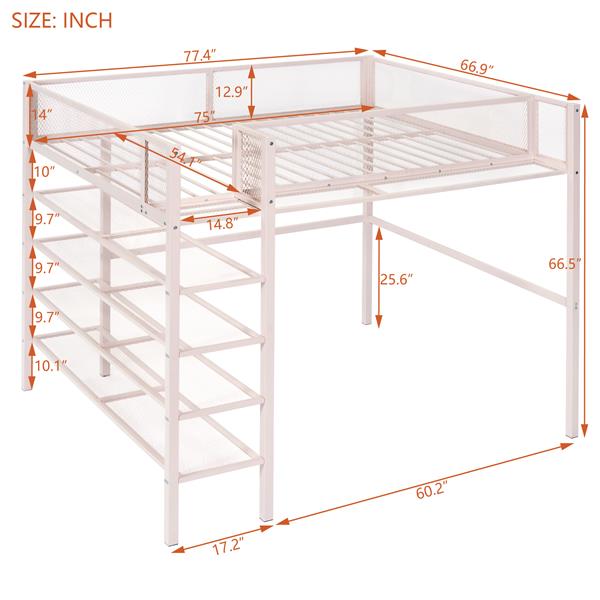 Full Size Metal Loft Bed with 4-Tier Shelves and Storage, Pink