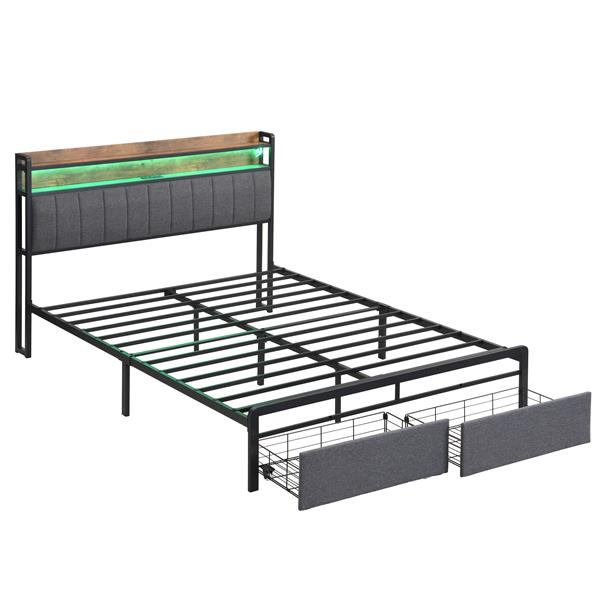 Full Bed Frames with Storage Headboard and Drawers, LED Platform Bed Frame Full Size, LED Upholstered Bed Frame  with Charging Station, No Box Spring Needed, Easy Assembly, Grey