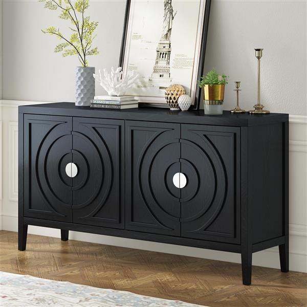 Retro Sideboard door with Circular Groove Design Round Metal Door Handle for Entrance, Dinning Room, Living Room (Black)