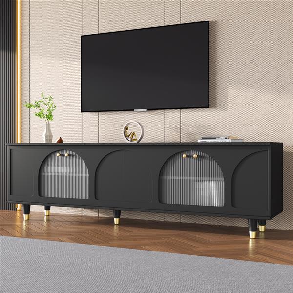 Contemporary TV Stand with Adjustable Shelves for TVs Up to 78'', Stylish Media Console with Gold Handles and Arch Fluted Glass Doors, Delicate Entertainment Center for Living Room, Black