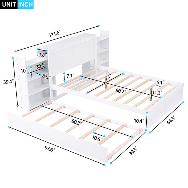 Queen Size Storage Platform Bed with Pull Out Shelves and Twin  XL Size Trundle, White